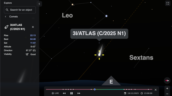 Night Sky Map screenshot showing the position of comet 31/ATLAS, as seen from New York, USA. The comet’s brightness is greatly exaggerated—it will only be visible with a telescope.