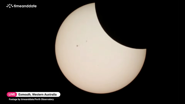 Screenshot from a live stream of the April 2023 total solar eclipse: 60 minutes after totality.