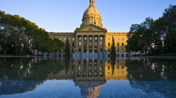 View of the Alberta Legislature Building across the water.