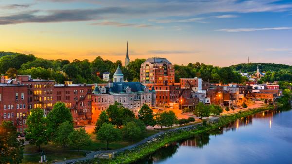 Buildings in Augusta in Maine, USA at sunset.