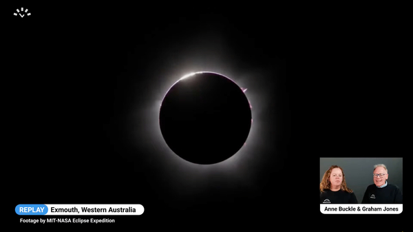 Screenshot from a live stream of the April 2023 total solar eclipse: Baily's beads.