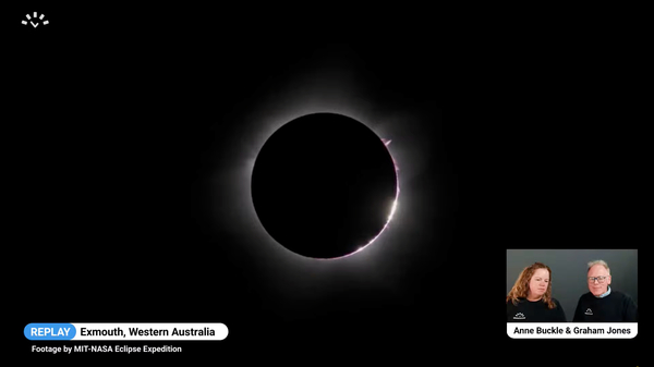 Screenshot from a live stream of the April 2023 total solar eclipse: Baily's beads at end of totality.