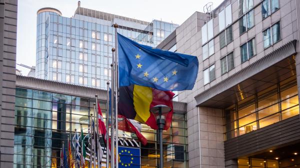 European flags outside the European Parliament building in Brussels, Belgium.