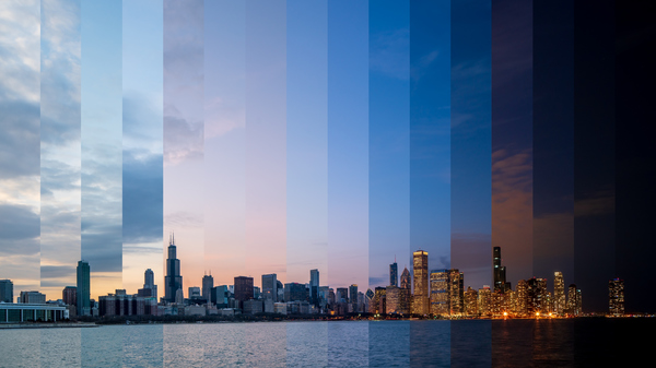 Collage of photos of the Chicago skyline at different times of the day, stitched together to form a complete skyline panorama.