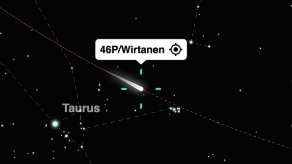 Screenshot of the Night Sky Map showing Comet Wirtanen's path.