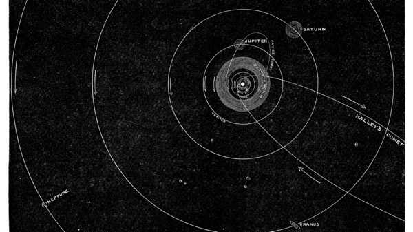 Black and white etching from the 19th century showing our solar system and the orbit of Halley´s comet.