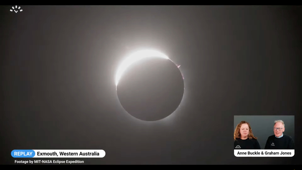 Screenshot from a live stream of the April 2023 total solar eclipse: corona appears.