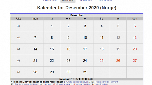 Kalender for desember 2020 fra timeanddate.no