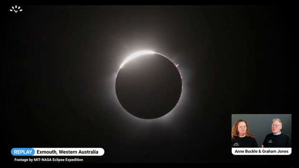 Screenshot from a live stream of the April 2023 total solar eclipse: the diamond ring.