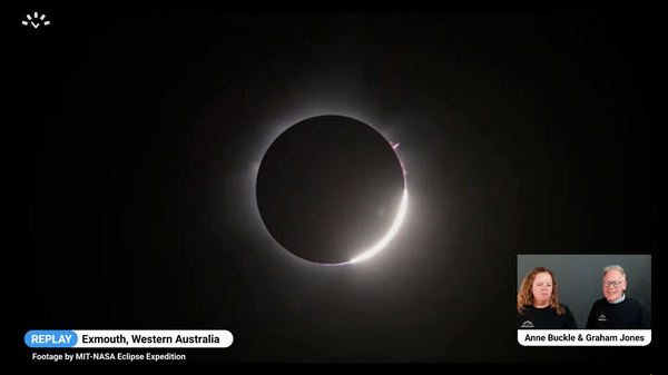 Screenshot from a live stream of the April 2023 total solar eclipse: diamond ring at end of totality.
