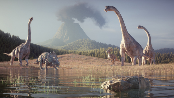 Illustration of different dinosaurs drinking at a lake with a volcano in the background.