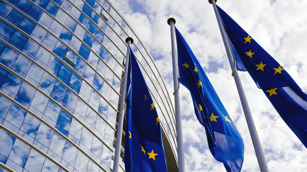 EU Flags at the European Commission Building in Brussels, Belgium. 