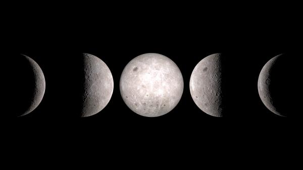 Moon phases on the far side of the Moon, Crescent, Quarter, and Full Moon.