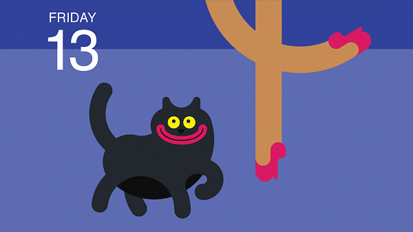 Illustration of black grinning cat with person's legs next to it. Blue background and Friday the 13th written on the top left of the image.