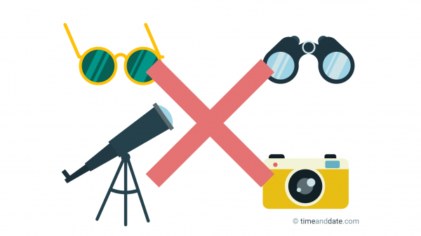 Illustration of sunglasses, telescope, binoculars, camera with a big red X across them.