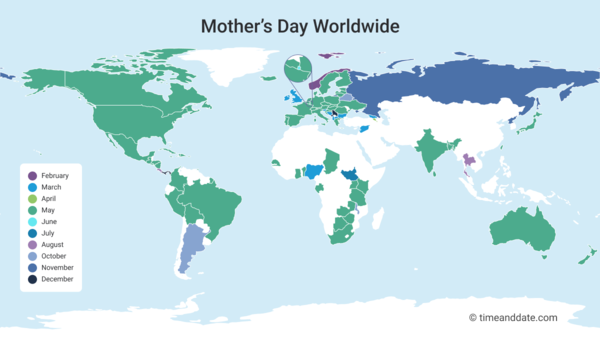 Bản đồ hiển thị tất cả các quốc gia kỷ niệm Ngày của Mẹ trên khắp thế giới với các ngày tương ứng