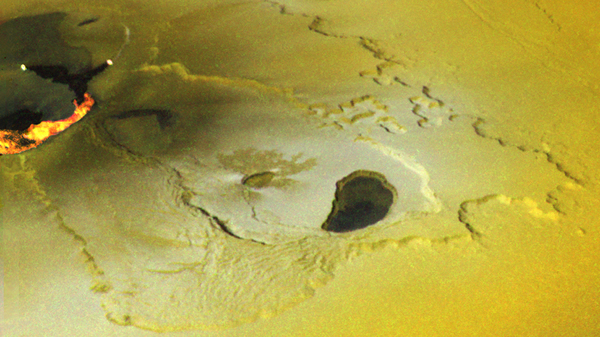 A close-up of volcanic activity on Jupiter's moon Io, as seen by the New Horizons spacecraft in March 2007