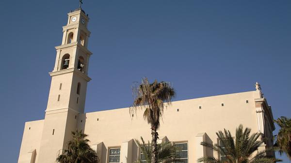 Church clock tower in old Jaffa, Israel