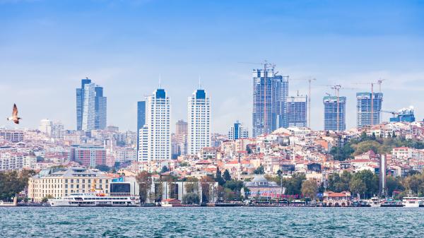 Istanbul, Turkey skyline view from Bosporus strait on September 6, 2014.