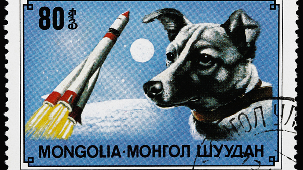 Postage stamp from Mongolia depicting Laika, the first creature in space.