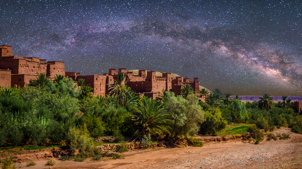Ksar of Ait-Ben-Haddouh at night, traditional Moroccan architecture on the border of the Sahara desert