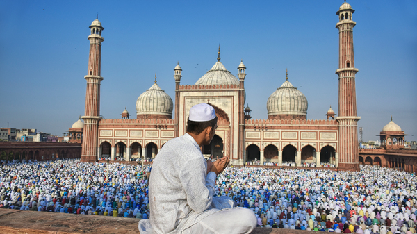 A man offering prayers at Jama Masjid Delhi during Eid-Ul-Adha.