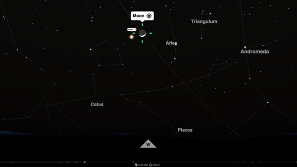 Screenshot of timeandddate.com night sky map showing The Moon and Jupiter close together.