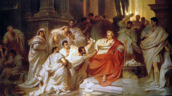 Classical painting, Caesar in red robes, Man in white robes with a dagger