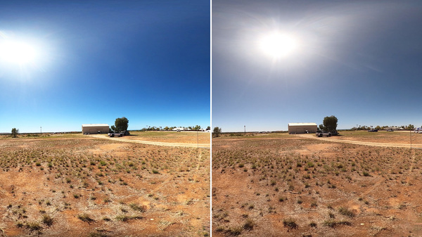 Photo comparison of how light level and colour change during total solar eclipse in Exmouth, Australia