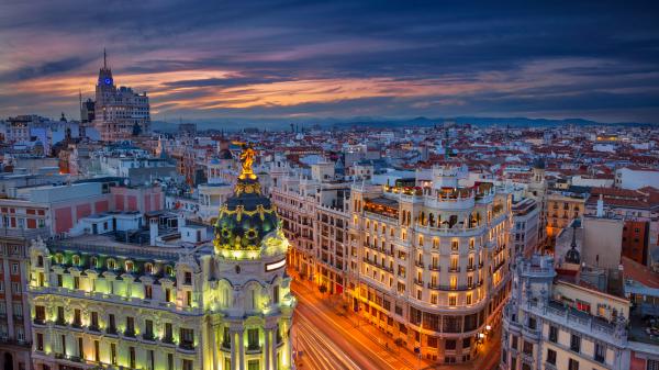Buildings in Madrid, Spain at sunset.