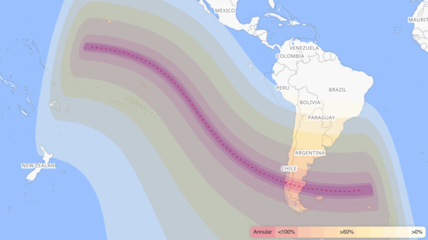 A map of the Pacific Ocean and South America, showing of the path of the annular eclipse on October 2, 2024.