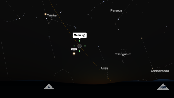 Screenshot of timeandddate.com night sky map showing the Moon and Jupiter close together on April 10, 2024.