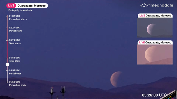 A partially eclipsed Moon sets in Ouarzazate, Morocco, on the morning of May 16, 2022.