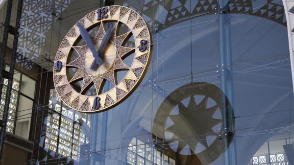 Clock at the Entrance of the railway station of Marrakech, Morocco