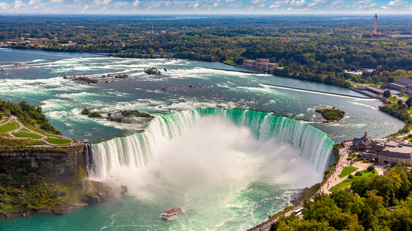 Panoramic aerial view of Canadian side view of Niagara Falls, Horseshoe Falls in a sunny day in Niagara Falls, Ontario, Canada