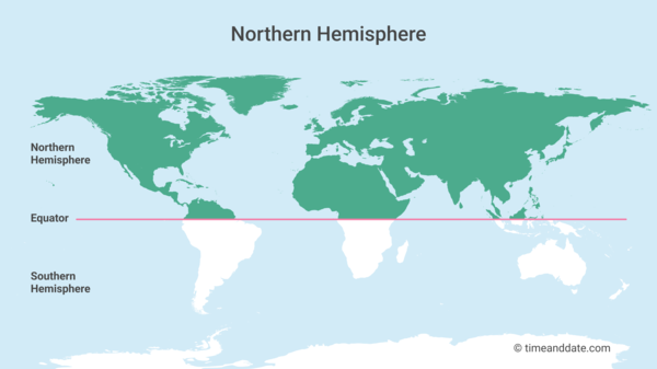 World map showing the Northern Hemisphere in green above the pink line marking the Equator.