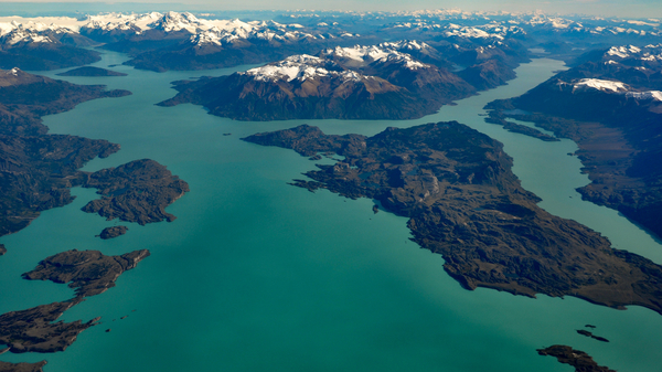 Aerial view of O'Higgins/San Martín Lake on the Chile-Argentina border in Patagonia.