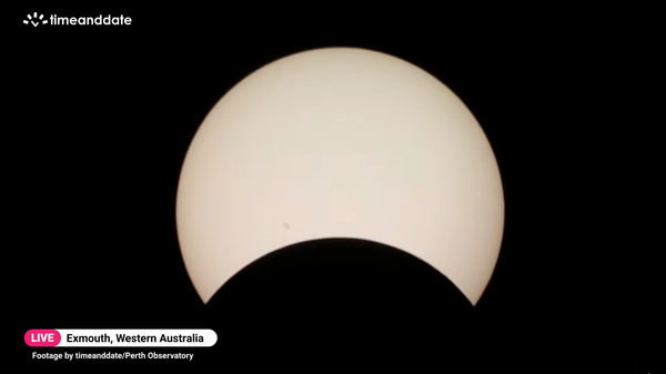Screenshot from a live stream of the April 2023 total solar eclipse: obscuration around 25%.