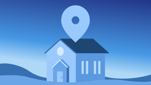 Vector illustration of a house with location pin in blue tones.