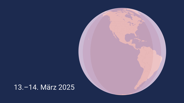 Map of the globe showing range of total lunar eclipse in March 2025