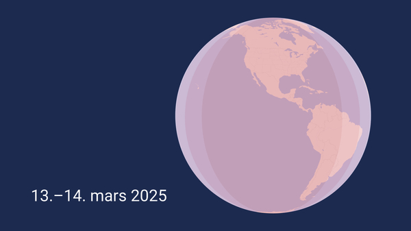 Map of the globe showing range of total lunar eclipse in March 2025