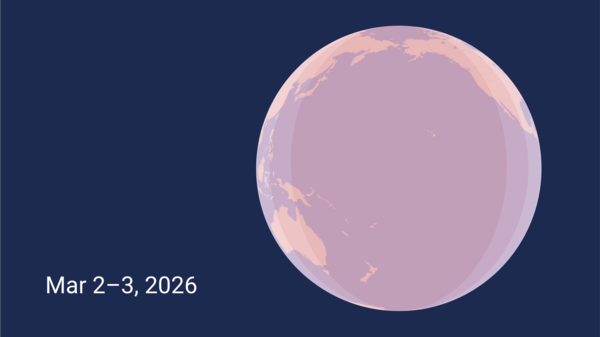 Map of the globe showing range of total lunar eclipse in March 2026
