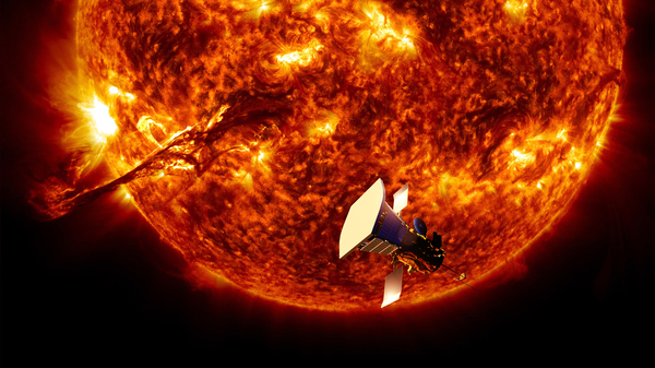 Illustration of the Parker Solar Probe orbiting a fiery Sun.