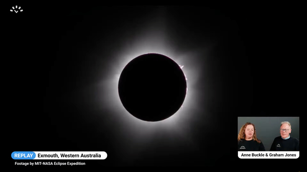 Screenshot from a live stream of the April 2023 total solar eclipse: prominences seen during totality.