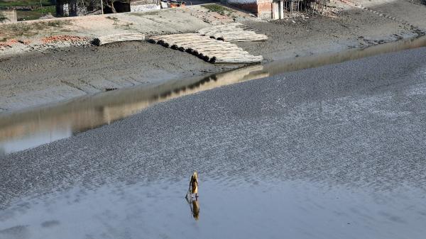 A person walking on the exposed riverbed at low tide in the river Malta.