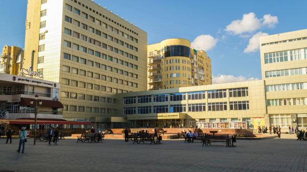 The main center of Saratov in Russia with modern buildings.