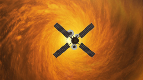 Illustration of a satellite hovering near a black hole with a swirl of clouds illustrating the parameters of the black hole.