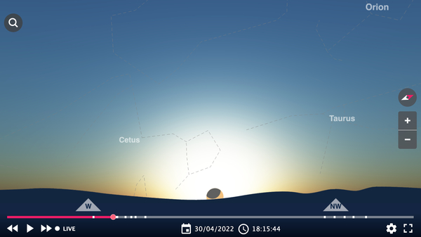 A screenshot from our Night Sky Map showing the partial solar eclipse on April 30—seen here from Comodoro Rivadavia in Argentina.