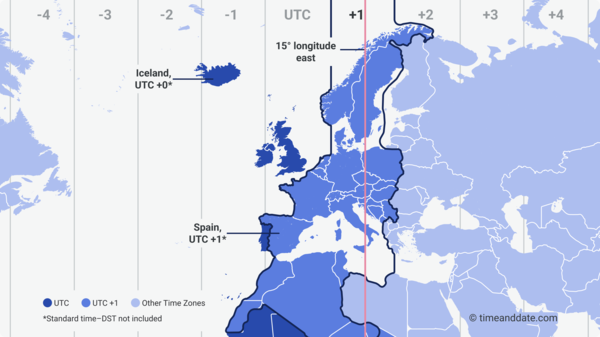 Map of Europe showing different time zones with highlight colors on UTC and UTC +1.