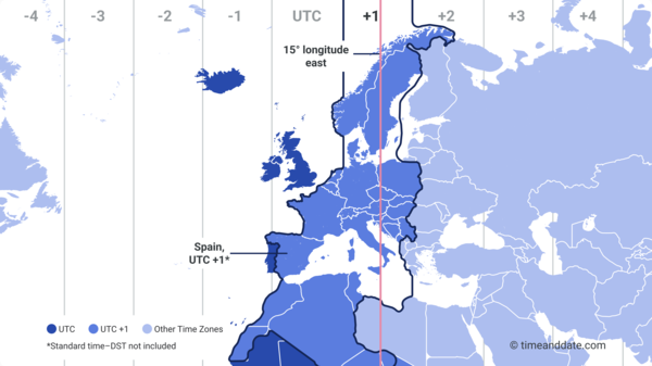 Map of Europe showing different time zones with highlight colors on UTC and UTC +1.